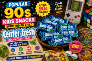 Popular 90s kids snacks featuring Center Fresh liquid-filled peppermint gum, with retro toys, Tinkle comic, Tazos, and nostalgic 90s-themed graphics.