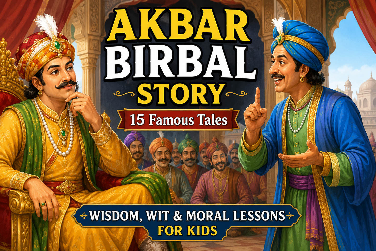 Akbar Birbal story for kids showing Emperor Akbar and the wise minister Birbal in the royal court.
