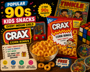 Popular 90s kids snacks featuring Crax Corn Rings in Tangy Tomato flavour, with retro toys, Tinkle comic, Tazos, and nostalgic 90s-themed graphics.