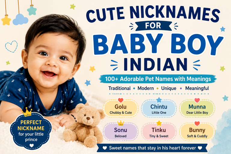 Cute Indian baby boy smiling with popular pet names and nickname ideas displayed in a colorful baby-themed background