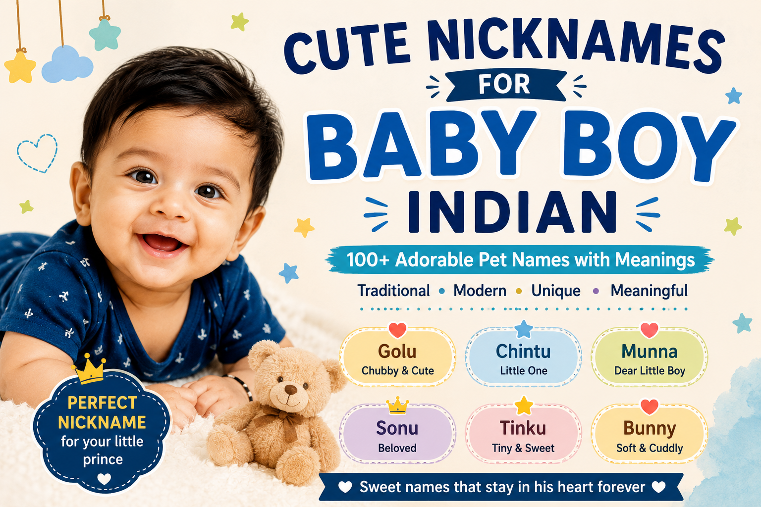 Cute Indian baby boy smiling with popular pet names and nickname ideas displayed in a colorful baby-themed background