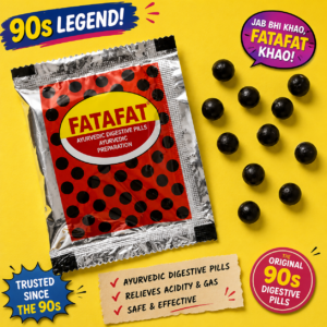 Parle Fatafat Ayurvedic digestive pills in a red polka-dot foil sachet with black digestive tablets on a bright yellow background, styled as a nostalgic 90s product image.