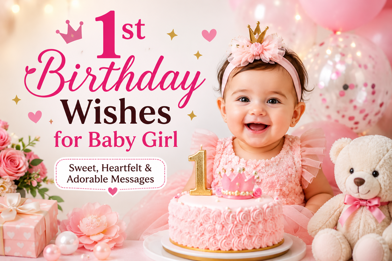1st birthday wishes for baby girl featuring cute birthday cake, balloons, teddy bear and little princess celebration
