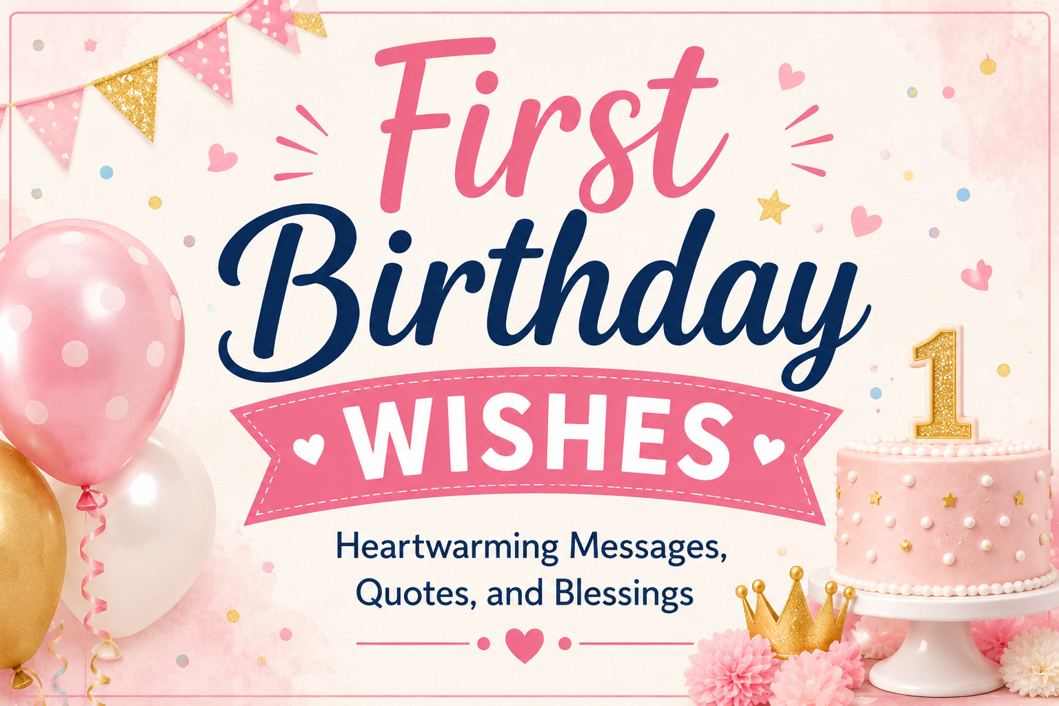 First birthday wishes with heartwarming messages, quotes, and blessings featuring a cute birthday cake, balloons, and festive decorations.