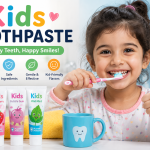 Kids toothpaste guide featuring child brushing teeth with kid-friendly toothpaste for healthy oral care