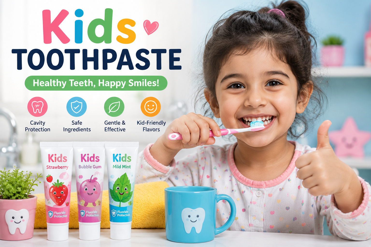 Kids toothpaste guide featuring child brushing teeth with kid-friendly toothpaste for healthy oral care