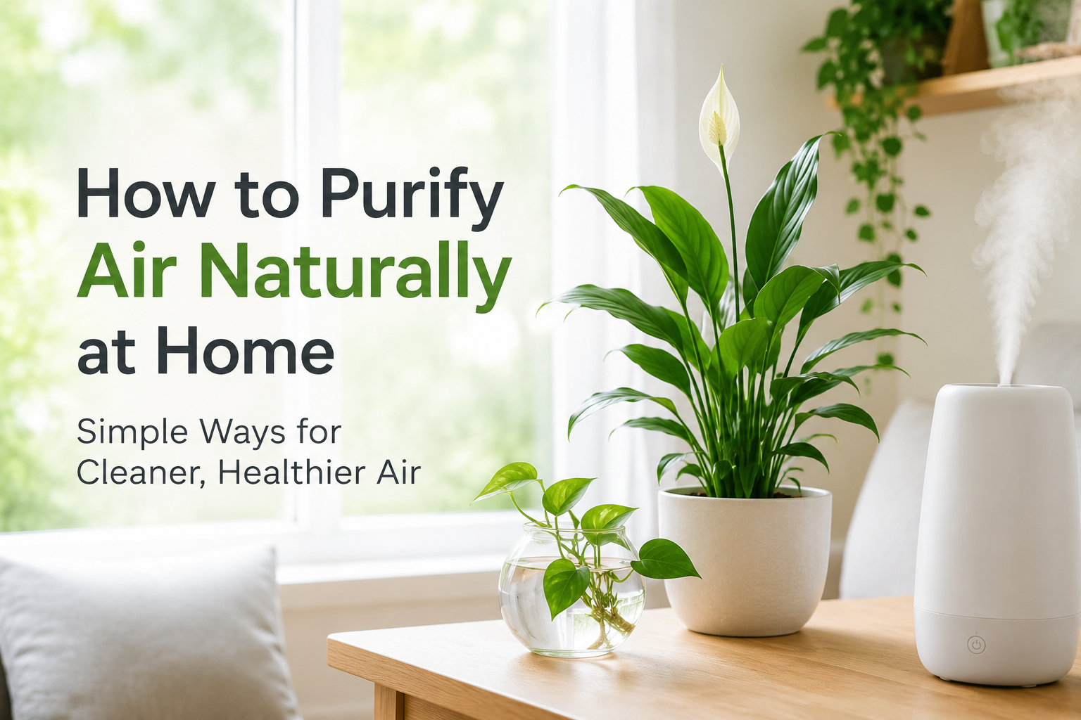 Bright and healthy home interior with indoor plants, open windows, and natural sunlight showing ways to purify air naturally at home