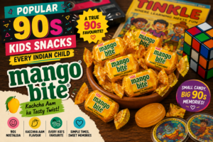 Popular 90s kids snacks featuring Parle Mango Bite mango-flavoured toffees, with retro toys, Tinkle comic, and nostalgic 90s-themed graphics.