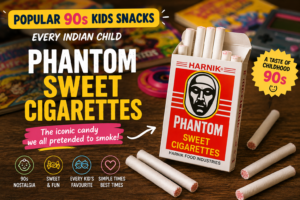 Popular 90s kids snacks featuring Phantom Sweet Cigarettes, with retro Harnik packaging and candy sticks on a nostalgic wooden background.