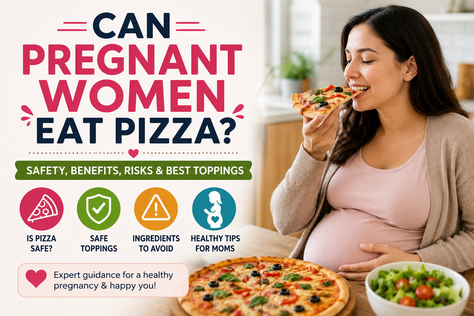 Pregnant woman enjoying a slice of freshly baked vegetable pizza made with pasteurized mozzarella and pregnancy-safe toppings