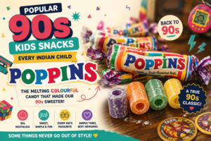 Popular 90s kids snacks featuring Poppins fruit-flavoured candy rolls and colourful candies with retro toys and nostalgic 90s-themed graphics.