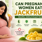 Can pregnant women eat jackfruit during pregnancy? Pregnant woman holding jackfruit with fresh jackfruit fruit showing benefits, safety, and nutrition during early and third trimester pregnancy.