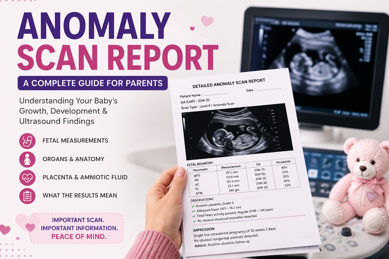 Anomaly scan report during pregnancy showing fetal ultrasound scan, baby measurements and pregnancy health assessment
