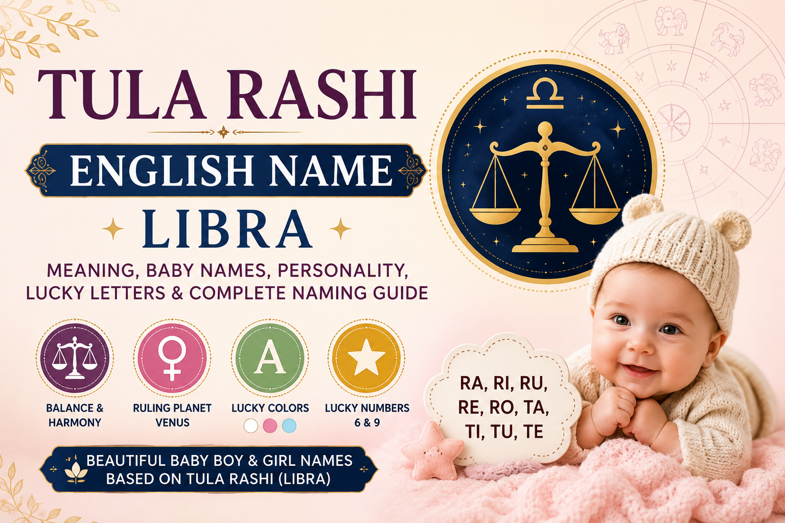 Tula Rashi (Libra) baby naming guide showing Libra scales, lucky letters, baby names, and Vedic astrology theme