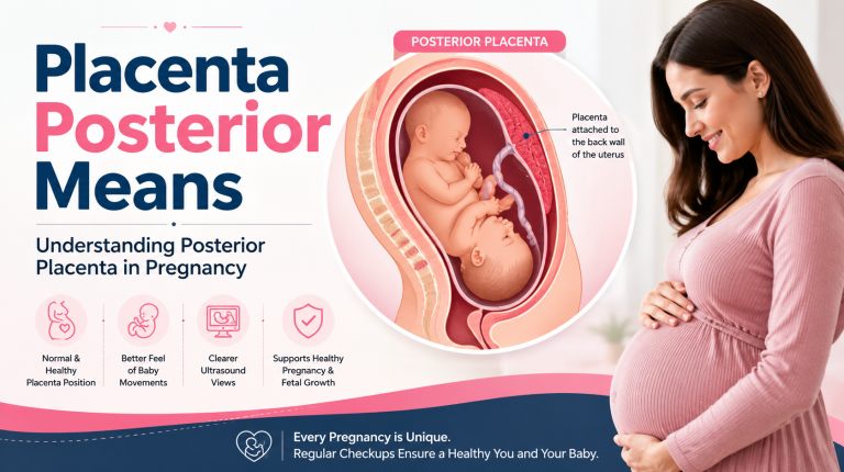 Placenta posterior means explained with pregnancy illustration showing posterior placenta position and fetal development in the uterus