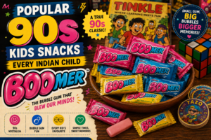 Popular 90s kids snacks featuring Boomer bubble gum in colorful wrappers, with retro toys, Tinkle comic, Tazos, and nostalgic 90s-themed graphics.