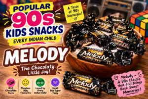 Popular 90s kids snacks featuring Parle Melody chocolate toffees, with black-and-gold wrappers, retro toys, and nostalgic 90s-themed graphics.