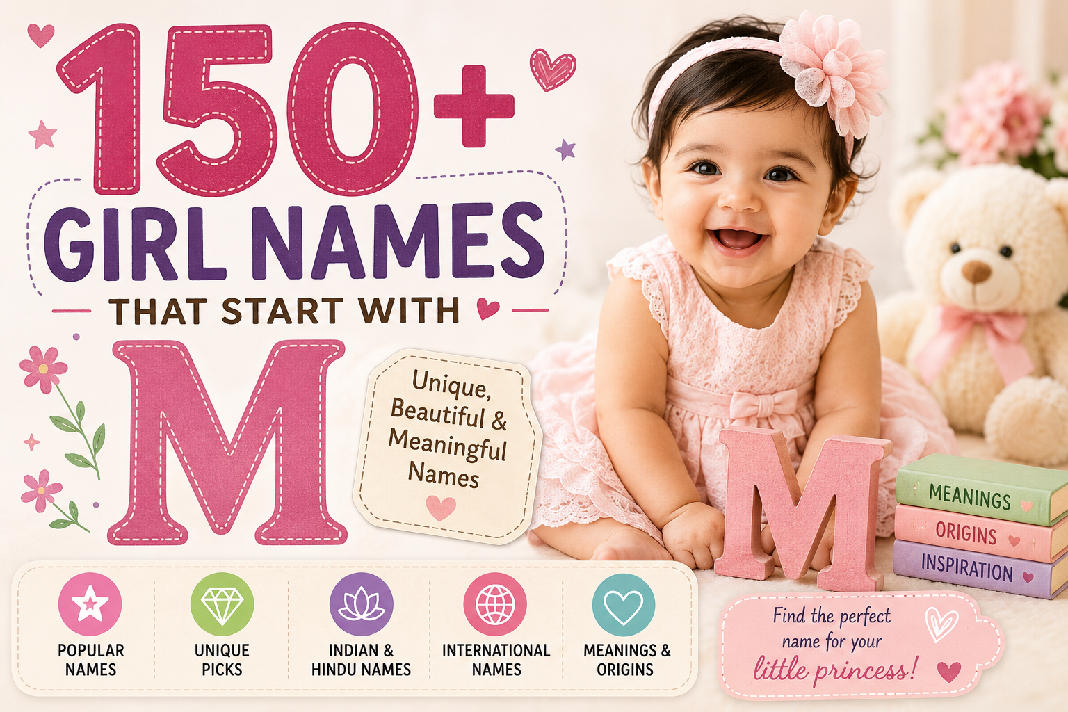 150+ girl names that start with M including unique, Indian, Hindu and meaningful baby girl names
