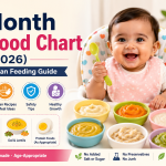 Smiling 6-month-old baby sitting in a high chair with homemade Indian baby foods including banana puree, pumpkin puree, rice porridge, and ragi porridge.