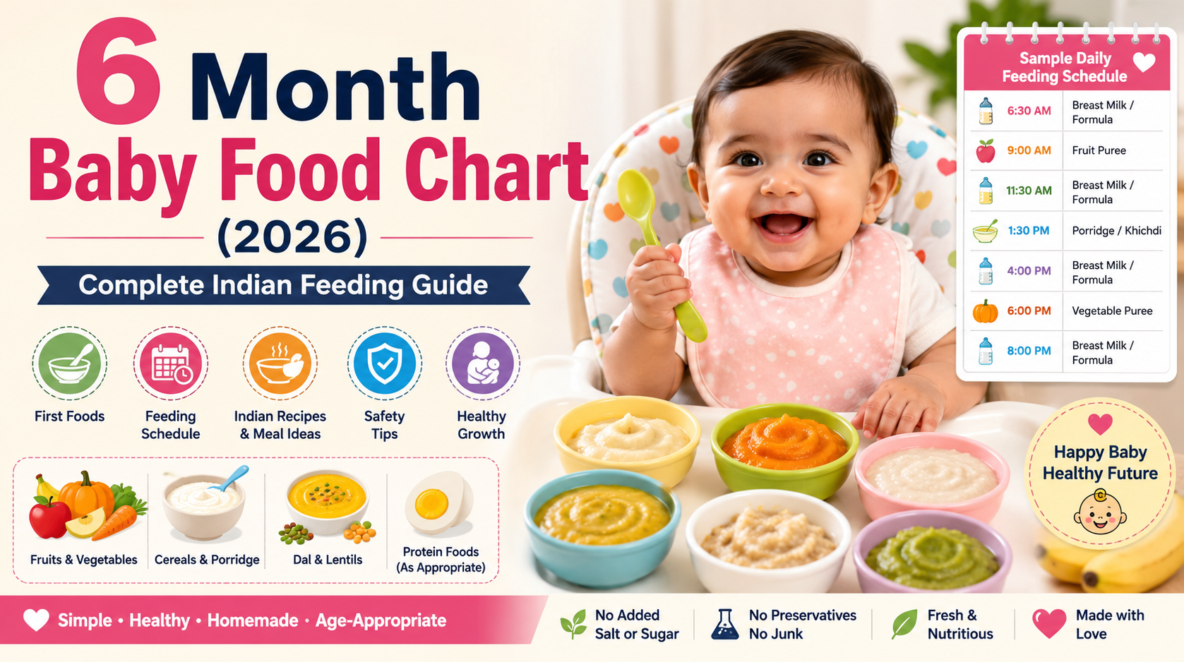 Smiling 6-month-old baby sitting in a high chair with homemade Indian baby foods including banana puree, pumpkin puree, rice porridge, and ragi porridge.