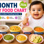 7 month baby food chart with homemade Indian baby foods including ragi porridge, khichdi, banana mash, sweet potato puree, and healthy finger foods.