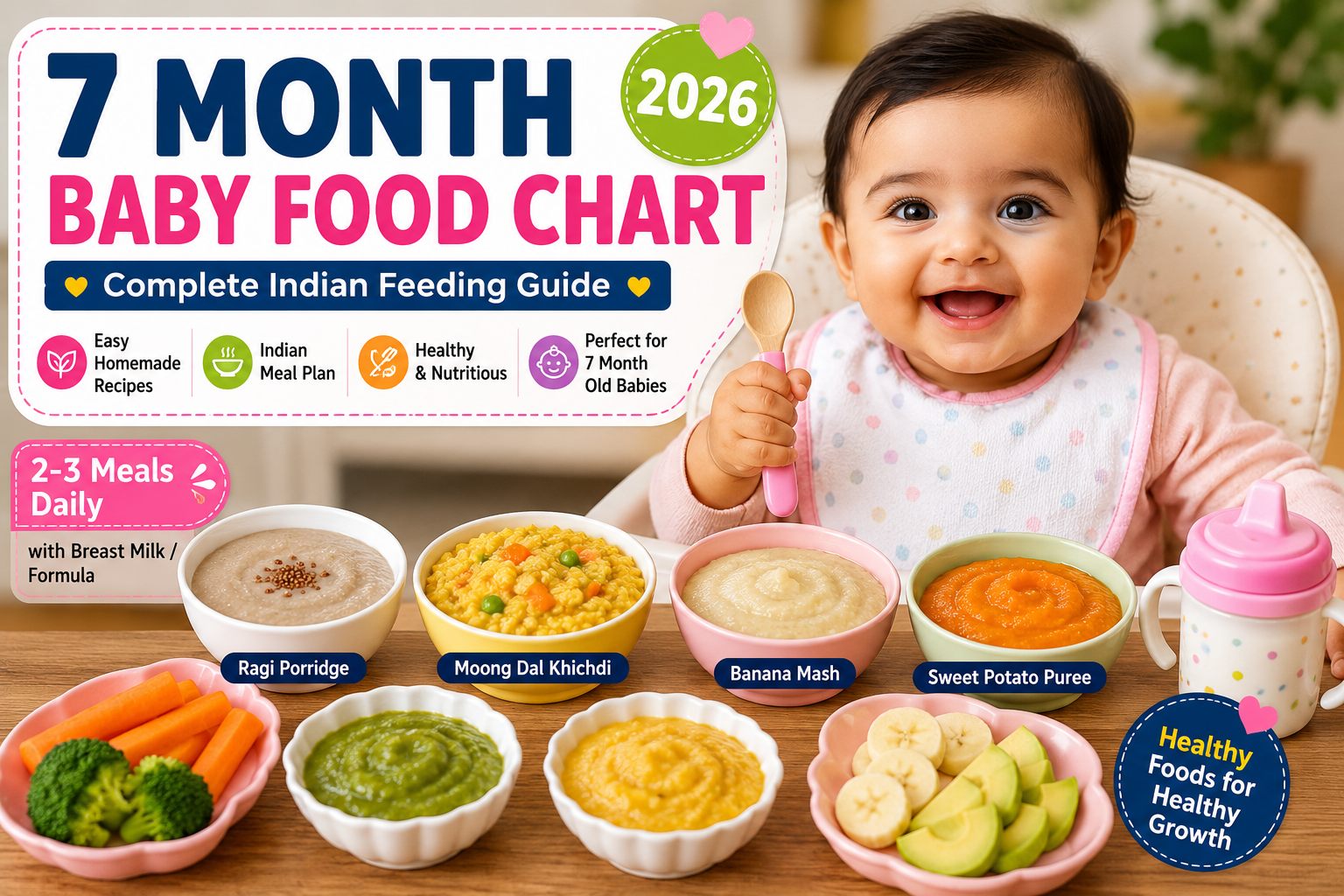 7 month baby food chart with homemade Indian baby foods including ragi porridge, khichdi, banana mash, sweet potato puree, and healthy finger foods.