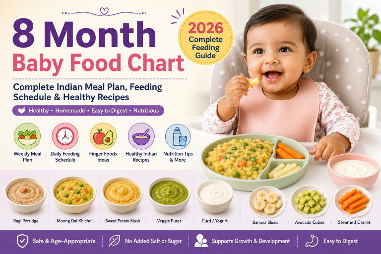 8 month baby food chart with healthy homemade Indian meals including khichdi, ragi porridge, yogurt, fruit puree, finger foods, and a daily feeding schedule for babies.