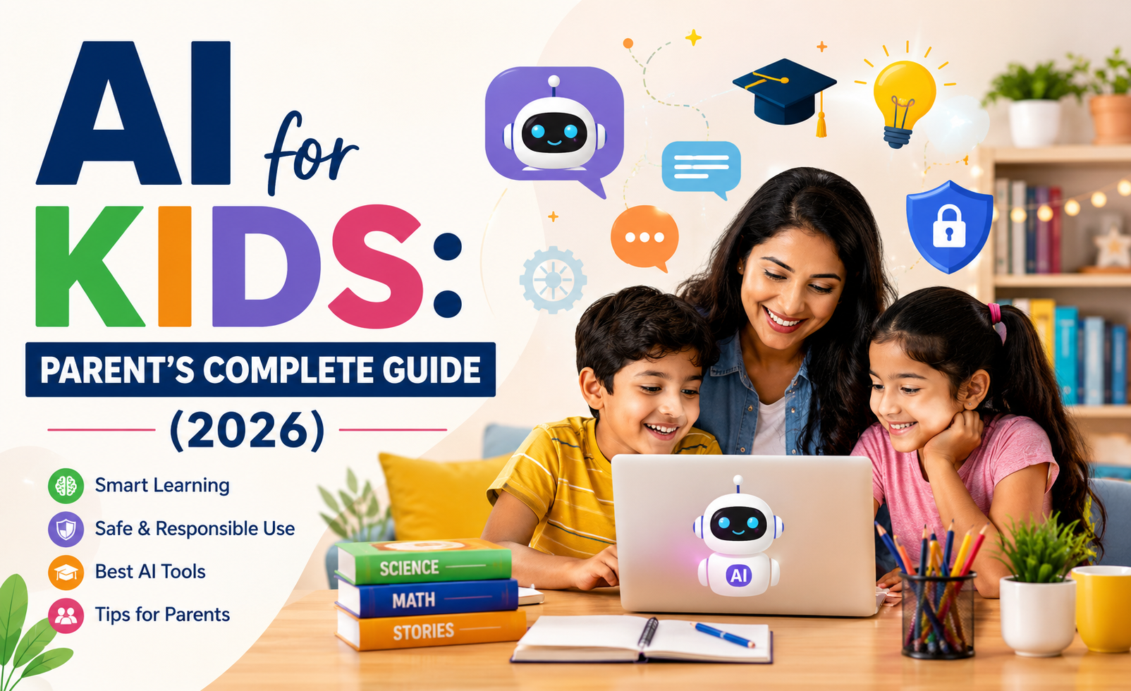 Mother helping two school-age children learn with AI on a laptop, featuring educational icons like a robot assistant, books, graduation cap, and online safety shield.