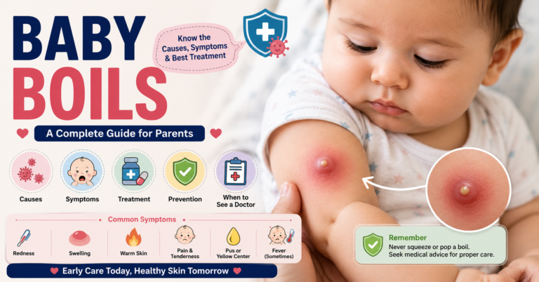 Baby with a red swollen boil on the arm showing common symptoms, causes, treatment, prevention tips, and warning signs that require medical attention.
