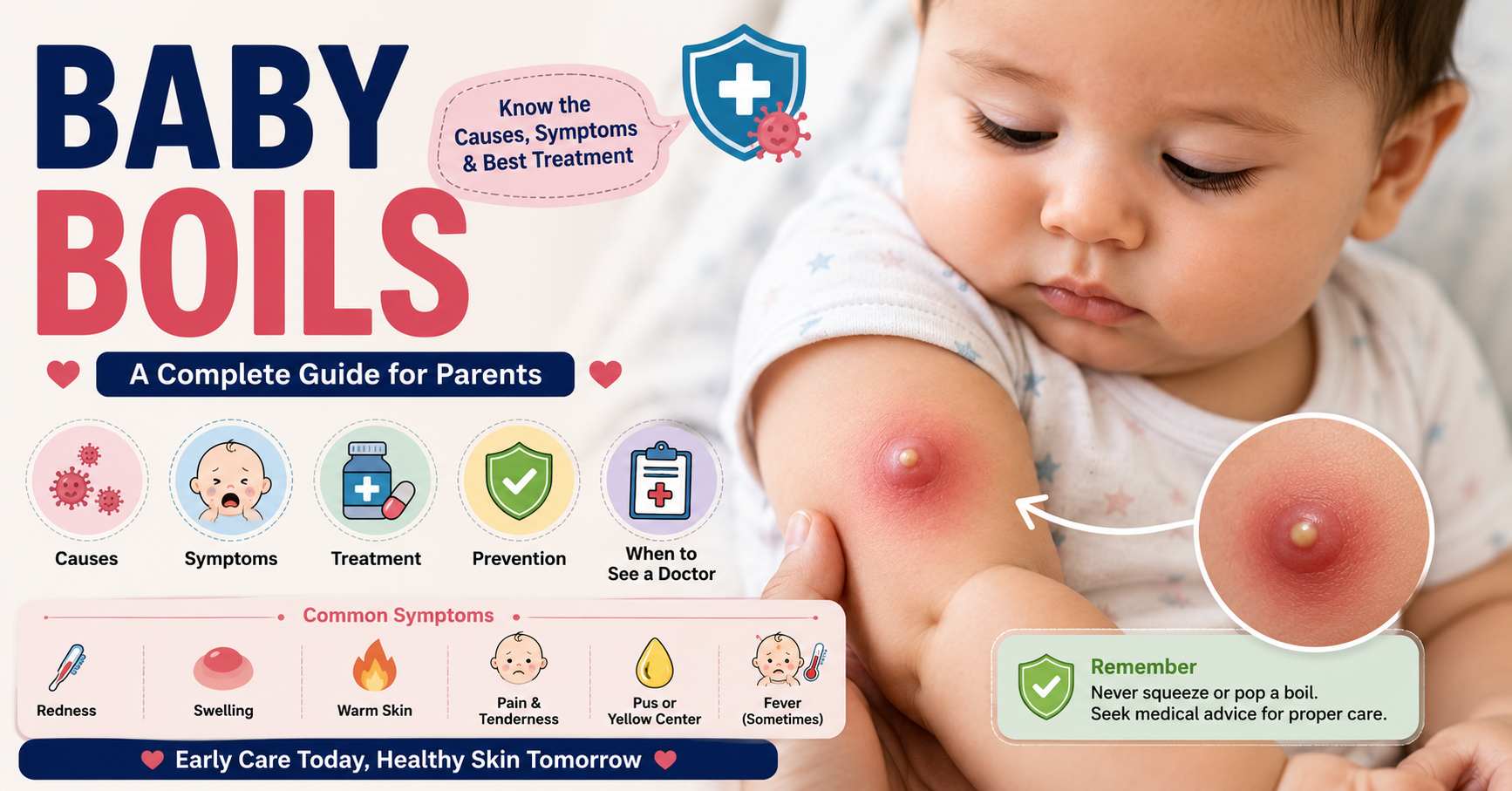 Baby with a red swollen boil on the arm showing common symptoms, causes, treatment, prevention tips, and warning signs that require medical attention.