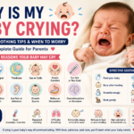 Crying baby with illustrations showing common reasons for crying, soothing techniques, feeding, diaper changes, sleep, and signs that parents should consult a doctor.