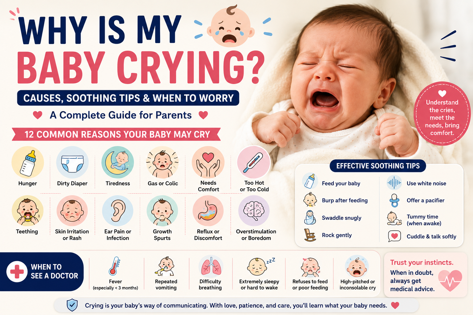 Crying baby with illustrations showing common reasons for crying, soothing techniques, feeding, diaper changes, sleep, and signs that parents should consult a doctor.