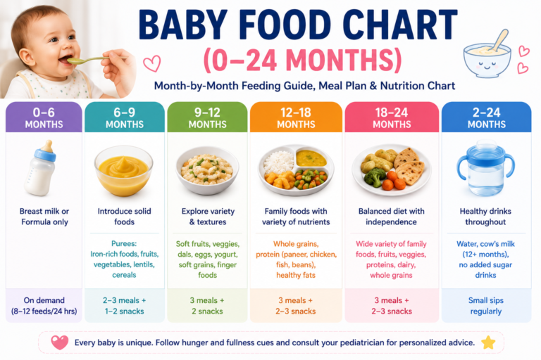 Baby Food Chart (0–24 Months) showing month-by-month feeding schedule, first foods, meal plans, portion sizes, and healthy nutrition for babies and toddlers.