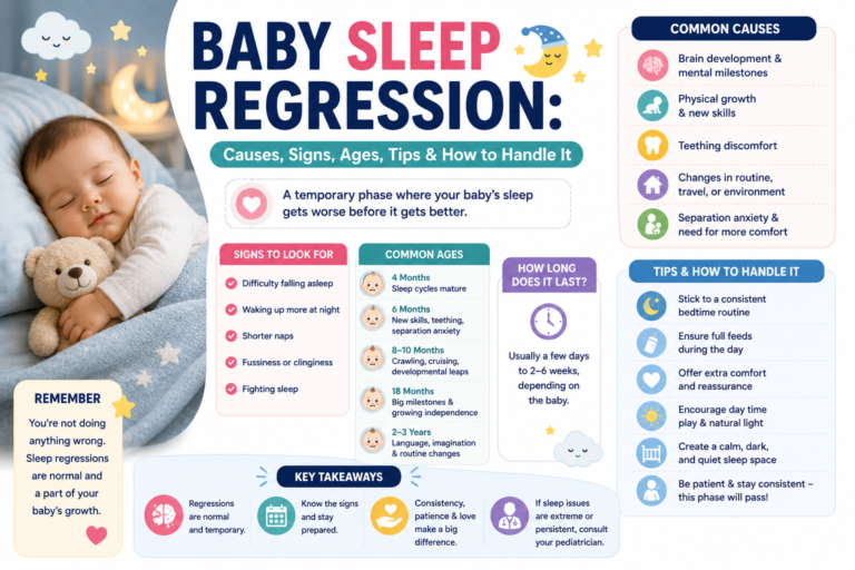 Baby sleep regression infographic showing common ages (4, 6, 8, 12, and 18 months), signs of sleep regression, bedtime tips, and ways to help babies sleep better.