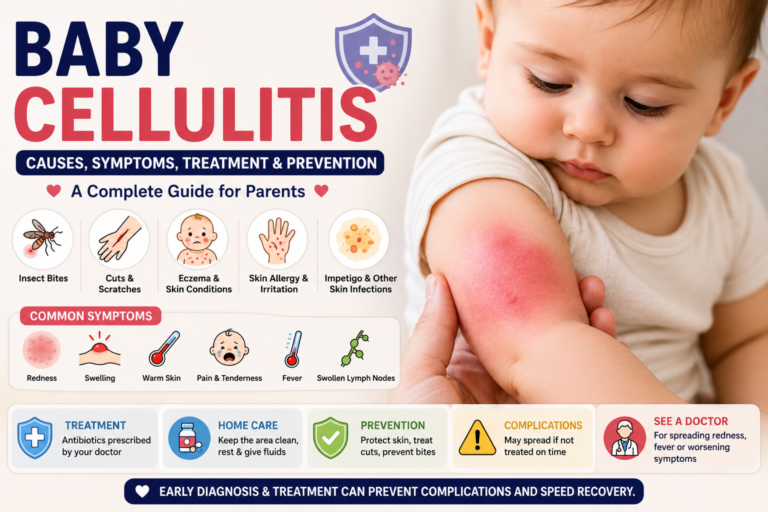 Baby with red, swollen skin on the arm highlighting cellulitis symptoms, causes, treatment, prevention tips, and warning signs requiring medical attention.