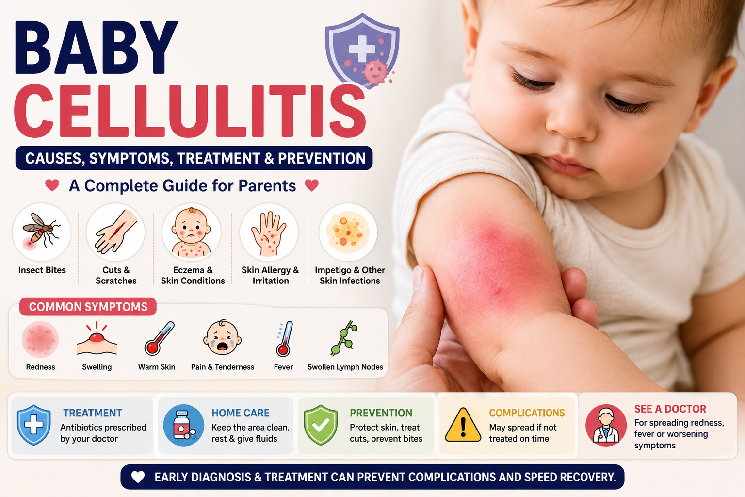 Baby with red, swollen skin on the arm highlighting cellulitis symptoms, causes, treatment, prevention tips, and warning signs requiring medical attention.