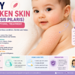 Baby chicken skin (keratosis pilaris) infographic showing tiny rough bumps on a baby's cheeks and arms, common symptoms, causes, skincare routine, treatment options, and prevention tips.