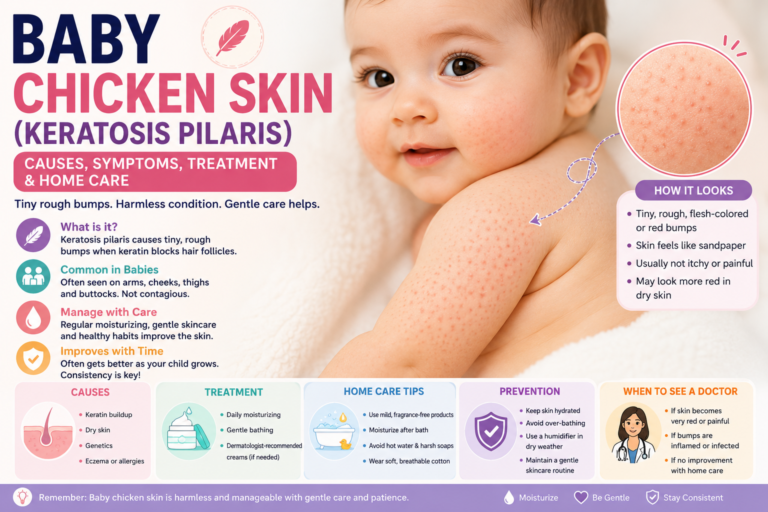 Baby chicken skin (keratosis pilaris) infographic showing tiny rough bumps on a baby's cheeks and arms, common symptoms, causes, skincare routine, treatment options, and prevention tips.