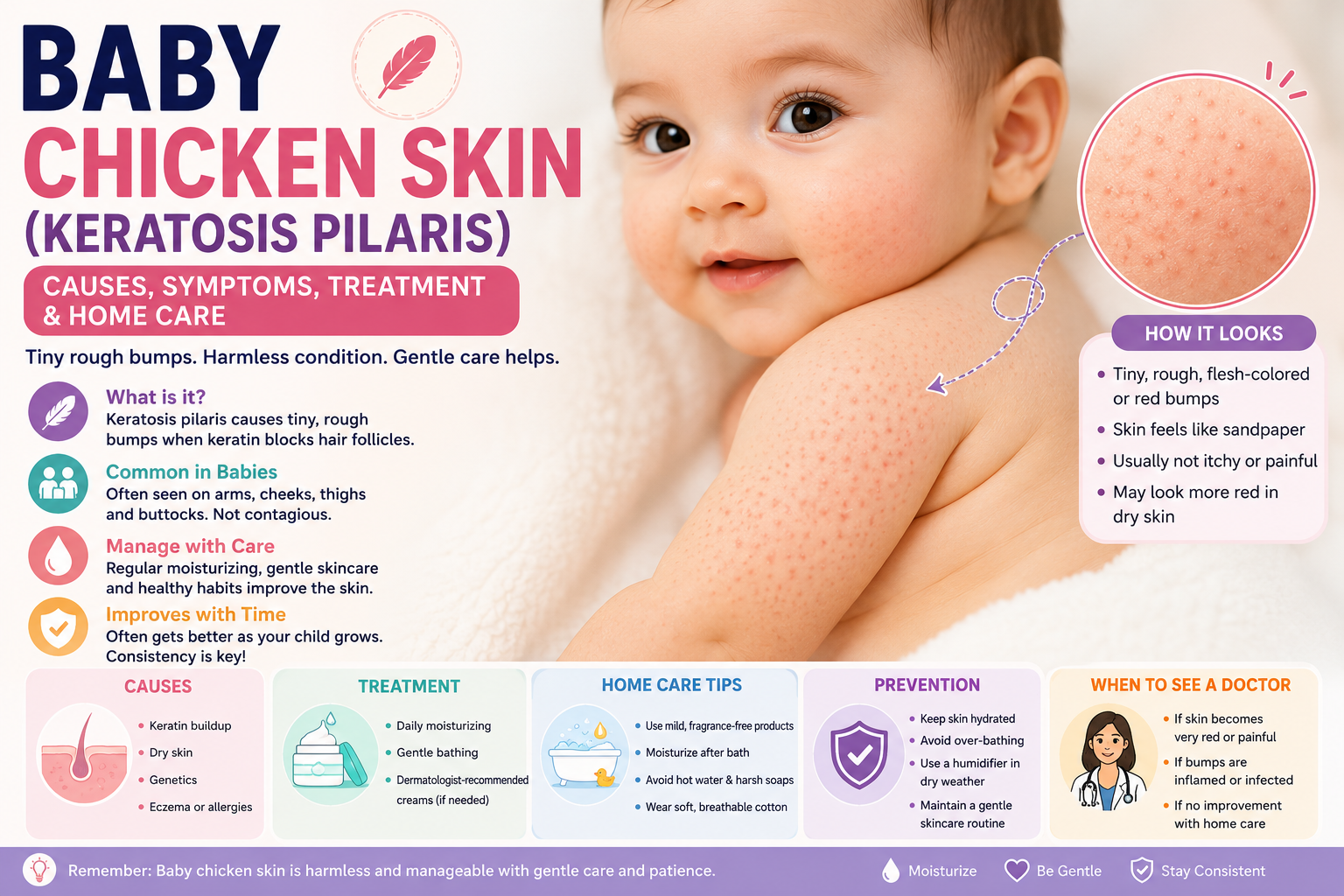 Baby chicken skin (keratosis pilaris) infographic showing tiny rough bumps on a baby's cheeks and arms, common symptoms, causes, skincare routine, treatment options, and prevention tips.
