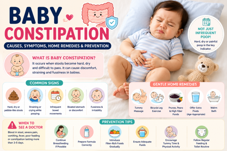 Baby constipation infographic explaining common causes, symptoms, safe home remedies, prevention tips, and warning signs that require medical attention.