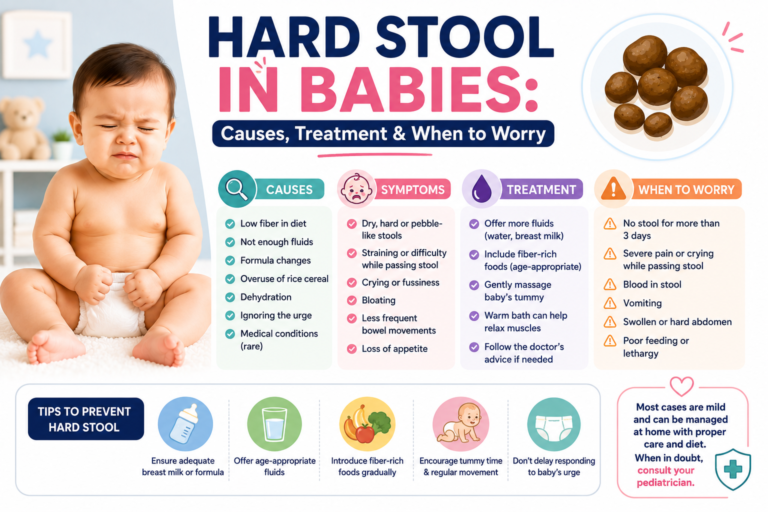 Hard stool in babies infographic showing pebble-like baby poop, common causes, symptoms, treatment options, foods that help soften stools, and warning signs for parents.