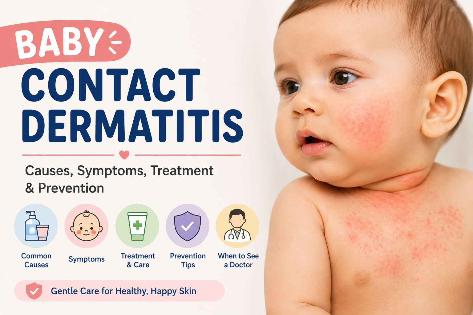 Baby contact dermatitis showing red irritated skin on the face and chest with common causes, symptoms, treatment, prevention tips, and when parents should consult a doctor.