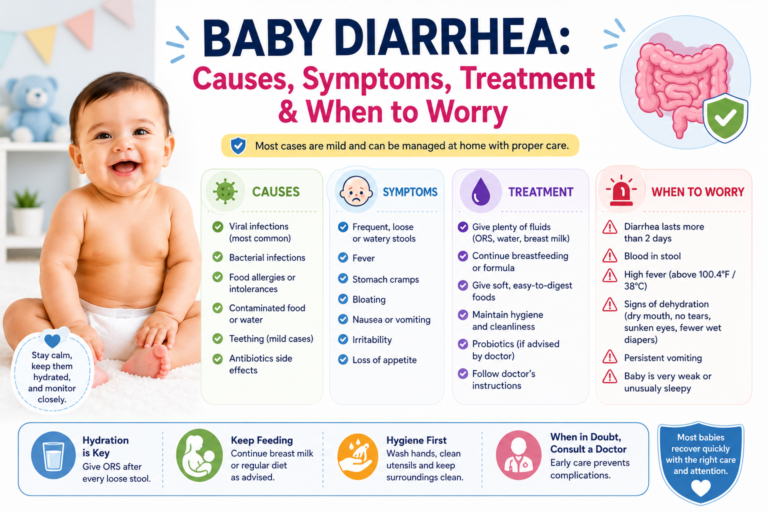 Baby diarrhea infographic showing watery baby poop, dehydration warning signs, treatment options, home care tips, and when parents should seek medical attention.