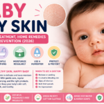 Baby dry skin infographic explaining the causes of dry, flaky skin in babies, common symptoms, moisturizing tips, home remedies, prevention strategies, and when to see a doctor.