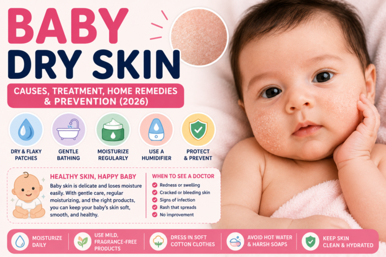 Baby dry skin infographic explaining the causes of dry, flaky skin in babies, common symptoms, moisturizing tips, home remedies, prevention strategies, and when to see a doctor.