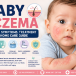 Baby eczema infographic showing dry, itchy skin in infants, common causes, symptoms, treatment options, skincare tips, and when parents should consult a doctor.