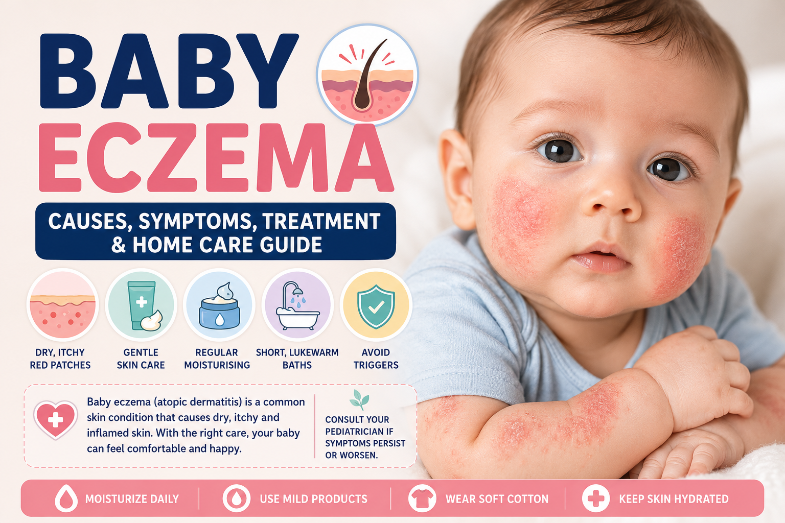 Baby eczema infographic showing dry, itchy skin in infants, common causes, symptoms, treatment options, skincare tips, and when parents should consult a doctor.
