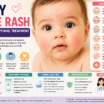Baby face rash infographic showing common facial rashes in babies, including baby acne, eczema, drool rash, heat rash, milia, and fungal infection, along with symptoms, treatment, home care, and prevention tips.