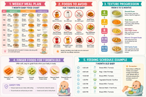 Weekly meal plan for a 7-month-old baby showing healthy Indian breakfast, lunch, and evening meal ideas including ragi porridge, khichdi, fruit purees, and vegetable mash.