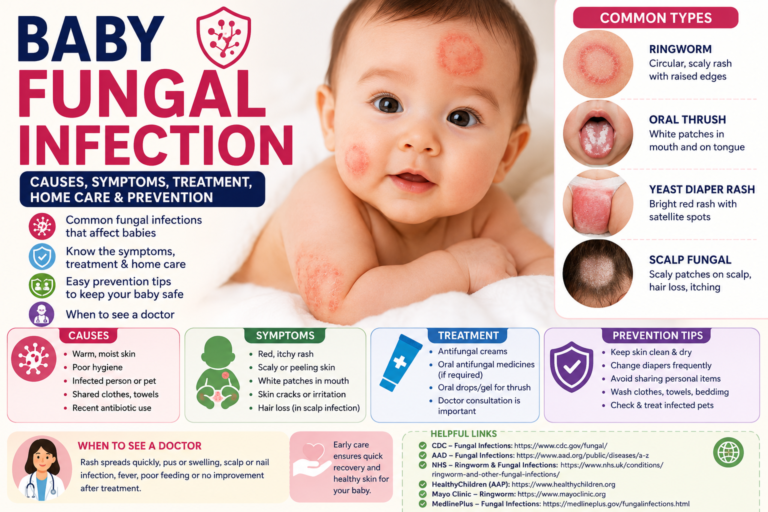 Baby fungal infection infographic showing common fungal infections in babies, including ringworm, oral thrush, and yeast diaper rash, with symptoms, treatment, prevention tips, and warning signs.